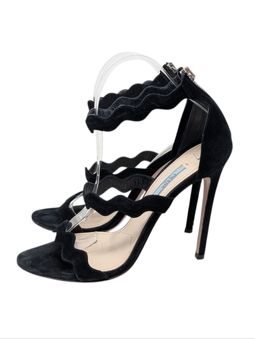Prada Black Suede Scalloped Heeled Stiletto Dress Up Evening Sandals Size EU 40